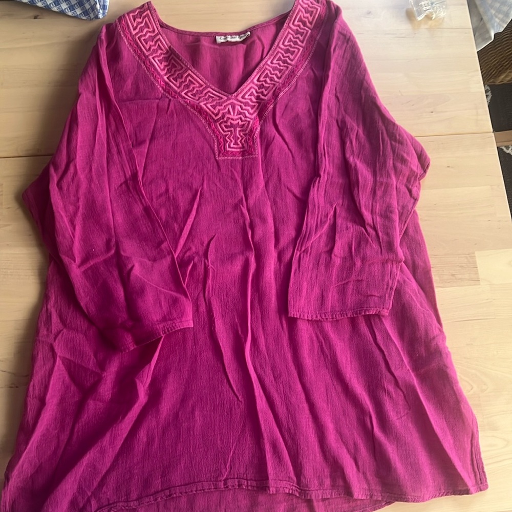 Coldwater Creek Magenta Tunic Blouse/Swim Cover Up, Embroidered Top
